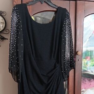 NWT Alex Evenings Black Formal Cocktail Dress with Beaded Detail Sz 16 Stretchy